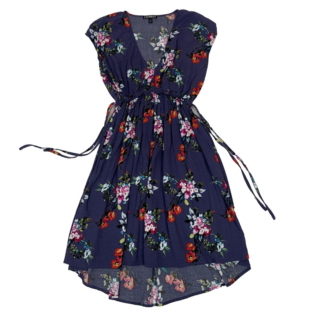 Express Fit & Flare Dress Womens S Blue Floral Ruffle High Low Summer